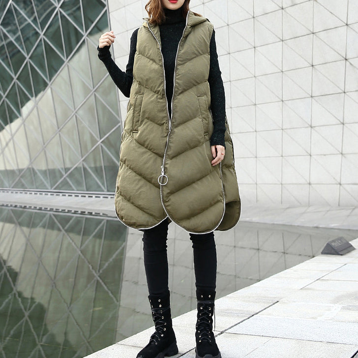 Luxury army green Parka casual hooded down over coat women Sleeveless trench coat