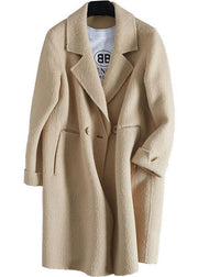 Luxury beige woolen outwear Loose fitting mid-length coats Notched jacket long sleeve - SooLinen