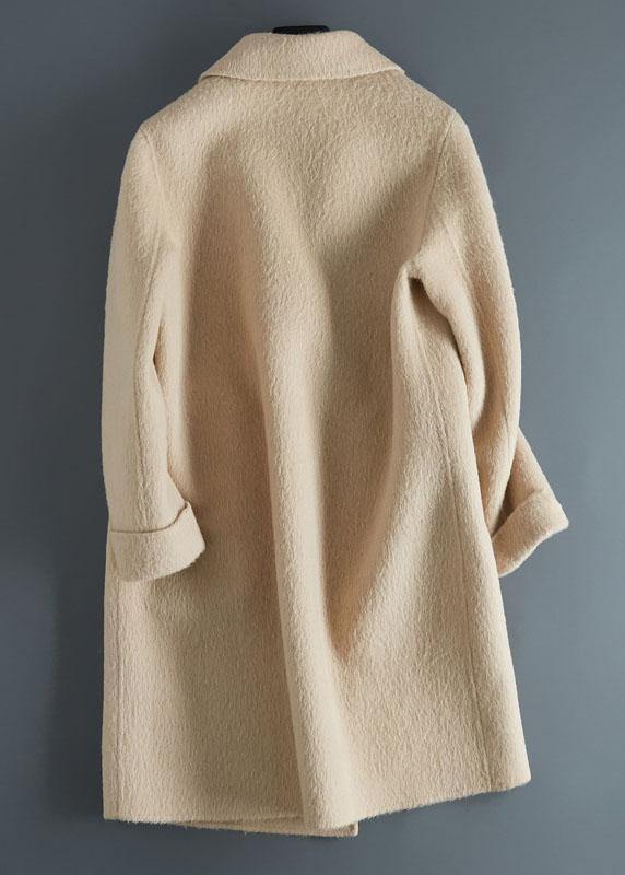 Luxury beige woolen outwear Loose fitting mid-length coats Notched jacket long sleeve - SooLinen