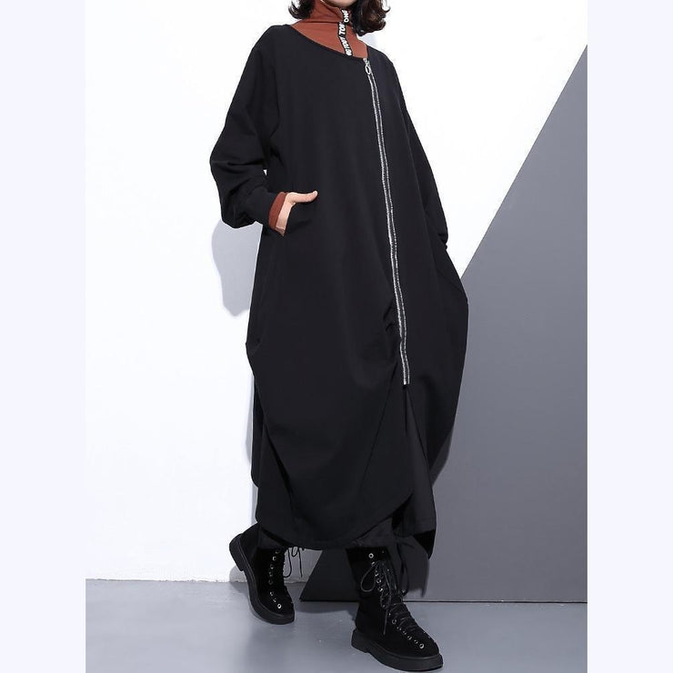 Luxury black Coat plus size O neck asymmetrical design Coats fine zippered long coats
