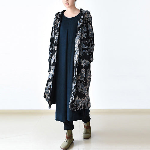 Luxury black blue prints Jackets & Coats oversize zippered trench coat 2024 hooded Jackets & Coats