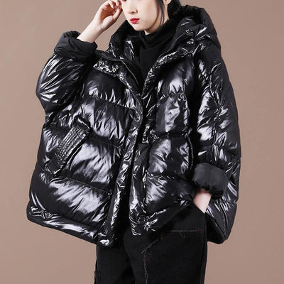 Luxury Black Down Coat Winter Loose-fitting Down Jacket Hooded Zippered Warm Coats - SooLinen