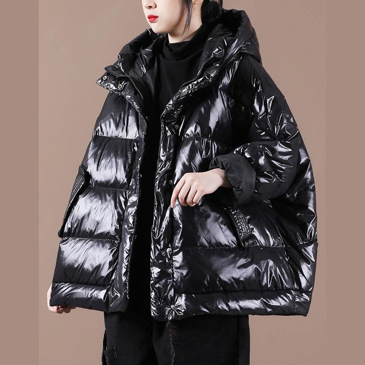 Luxury Black Down Coat Winter Loose-fitting Down Jacket Hooded Zippered Warm Coats - SooLinen