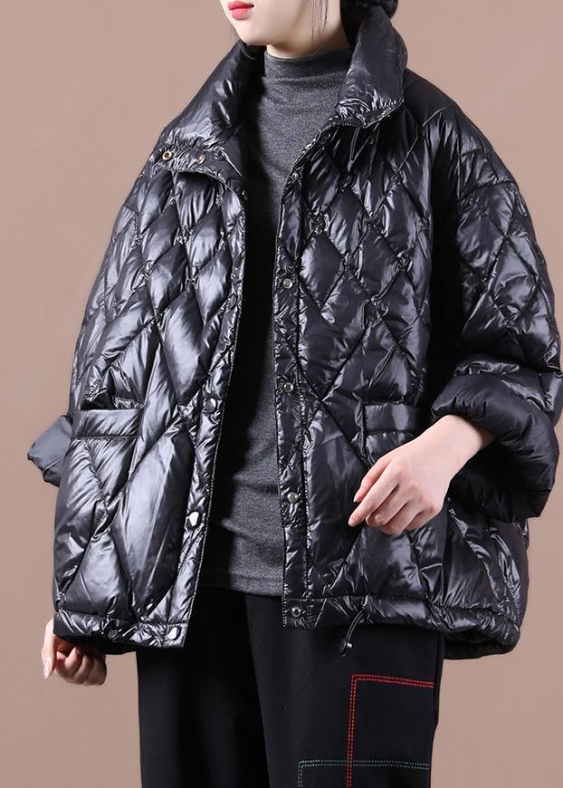 Luxury black goose Down coat Loose fitting snow jackets stand collar Button Down New Jackets - SooLinen