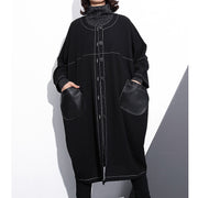Luxuriöser schwarzer Maxi-Mantel plus Größe O-Ausschnitt Baggy Boutique-Taschen Mäntel