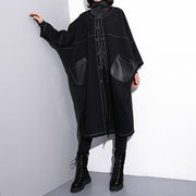 Luxuriöser schwarzer Maxi-Mantel plus Größe O-Ausschnitt Baggy Boutique-Taschen Mäntel