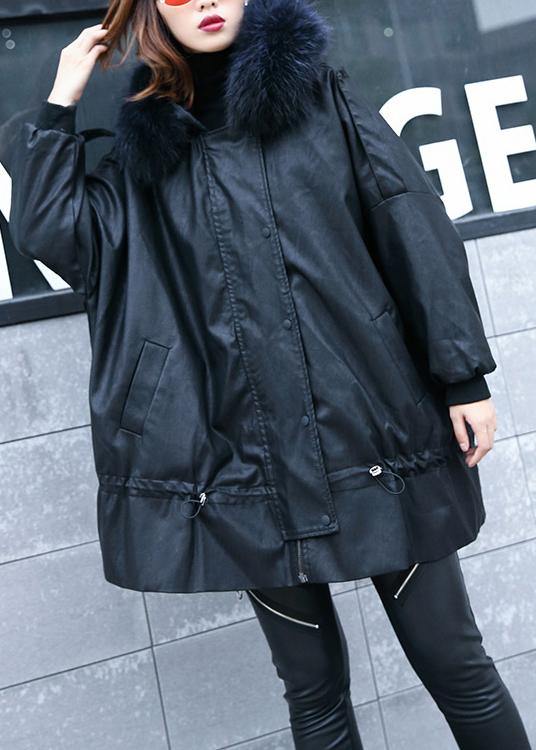 Luxury black overcoat trendy plus size winter jacket hooded fur collar overcoat - SooLinen