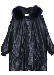 Luxury black overcoat trendy plus size winter jacket hooded fur collar overcoat - SooLinen