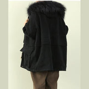Luxury black winter coats plus size clothing hooded faux fur collar overcoat - SooLinen