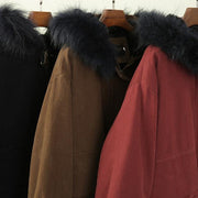 Luxury black winter coats plus size clothing hooded faux fur collar overcoat - SooLinen