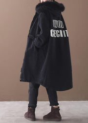 Luxury black winter overcoat Loose fitting warm winter coat alphabet prints hooded outwear - SooLinen
