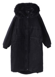 Luxury black winter overcoat Loose fitting warm winter coat alphabet prints hooded outwear - SooLinen
