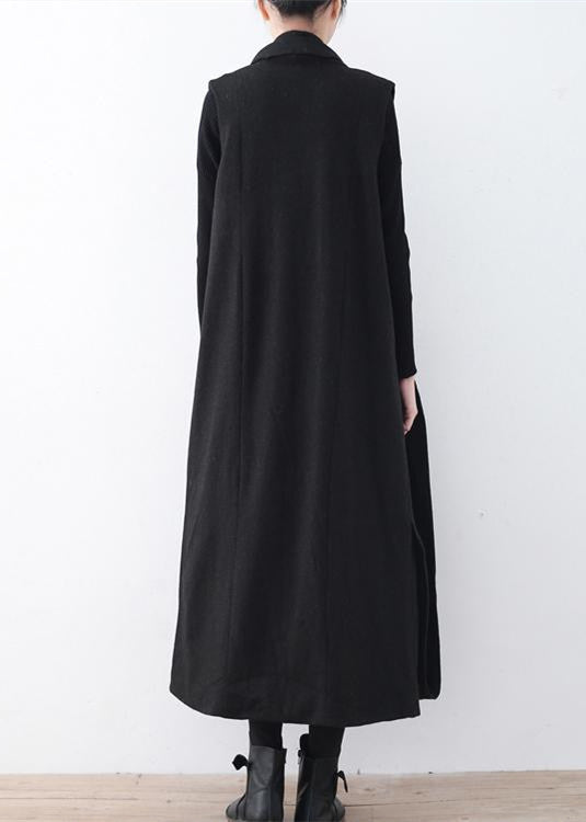 Luxury black woolen long coat oversized asymmetric hem maxi coat women sleeveless long jackets