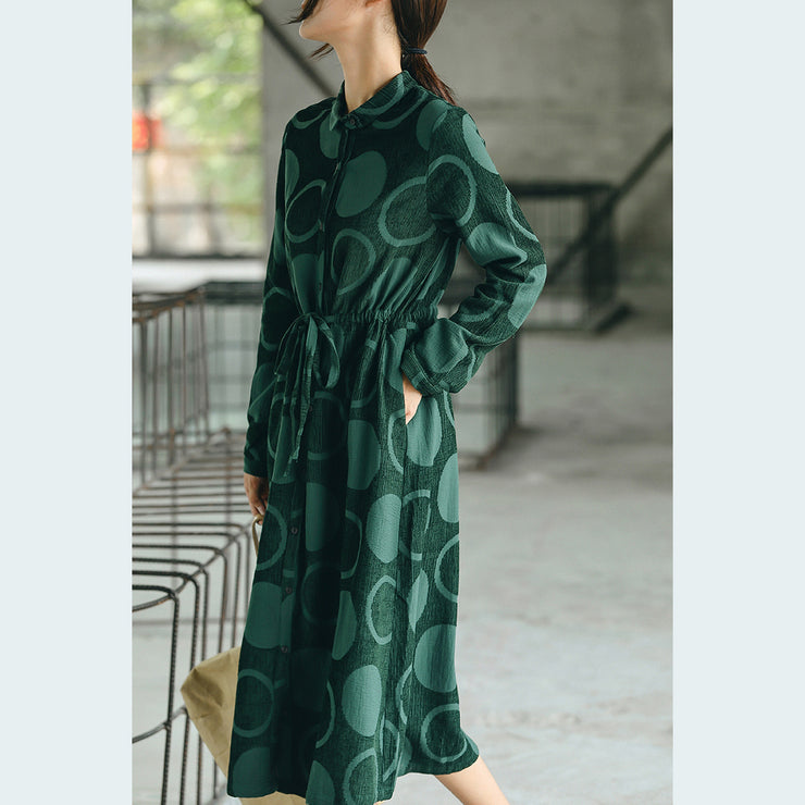 Luxury blackish green dotted  maxi coat casual Jacquard Peter pan Collar  Fine baggy dresses