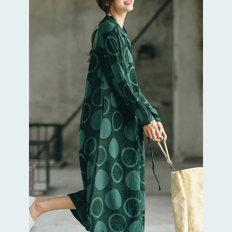 Luxury blackish green dotted  maxi coat casual Jacquard Peter pan Collar  Fine baggy dresses