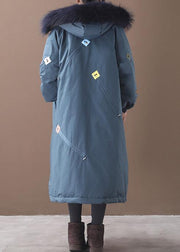 Luxury blue outwear Loose fitting hooded thick zippered coats - SooLinen
