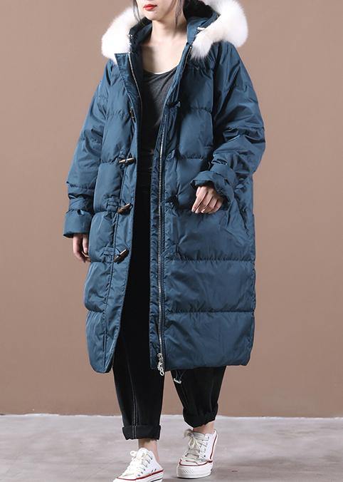 Luxury blue warm winter coat plus size pockets snow jackets hooded fur collar Elegant Jackets - SooLinen