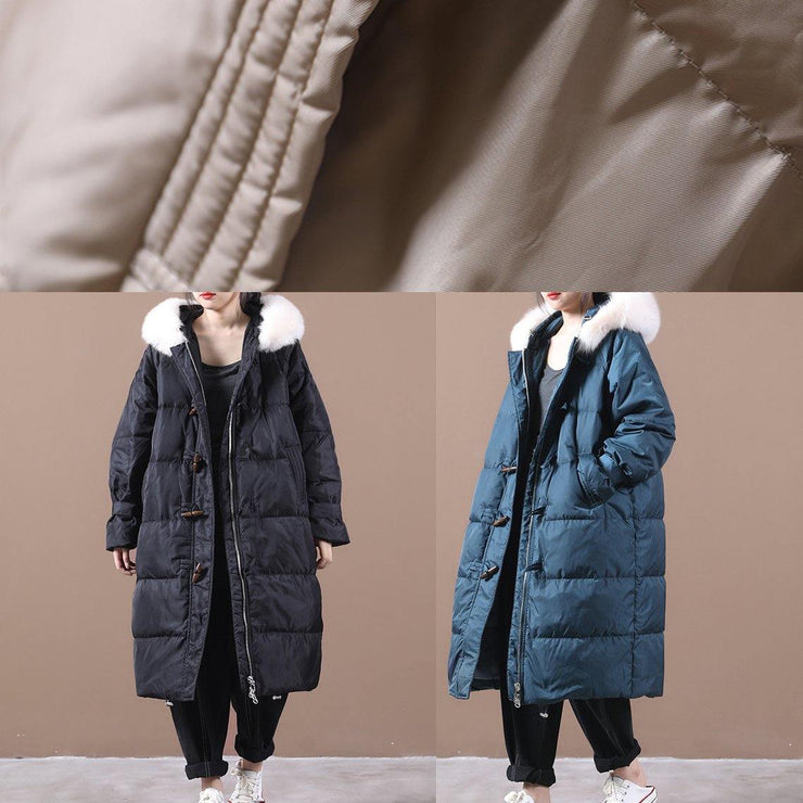 Luxury blue warm winter coat plus size pockets snow jackets hooded fur collar Elegant Jackets - SooLinen