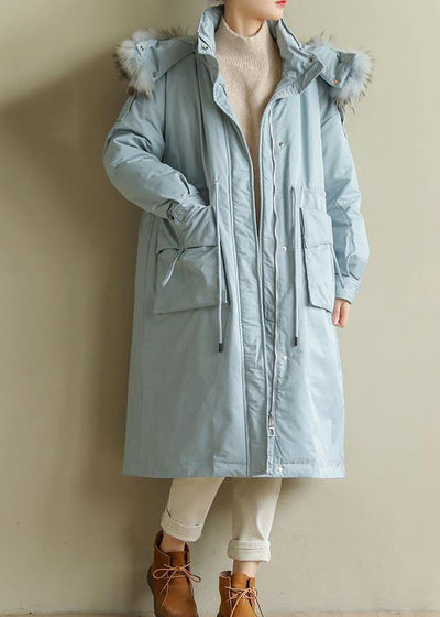 Luxury blue winter parkas plus size warm winter coat zippered fur collar outwear - SooLinen