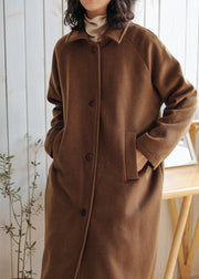Luxury brown wool coat for woman oversize pockets Notched Coats - SooLinen