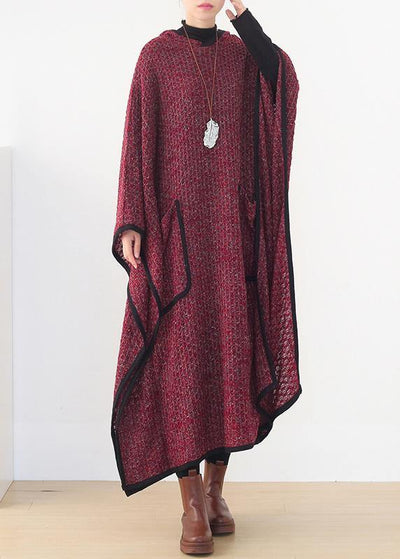 Luxury burgundy woolen outwear oversize hooded large hem long outwear - SooLinen