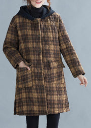 Luxury casual warm winter coat coats yellow plaid hooded pockets coat - SooLinen