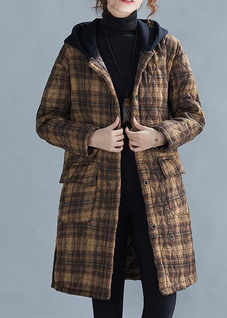 Luxury casual warm winter coat coats yellow plaid hooded pockets coat - SooLinen