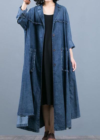 Luxury denim blue coat oversize fall coat Notched Large pockets Coats - SooLinen