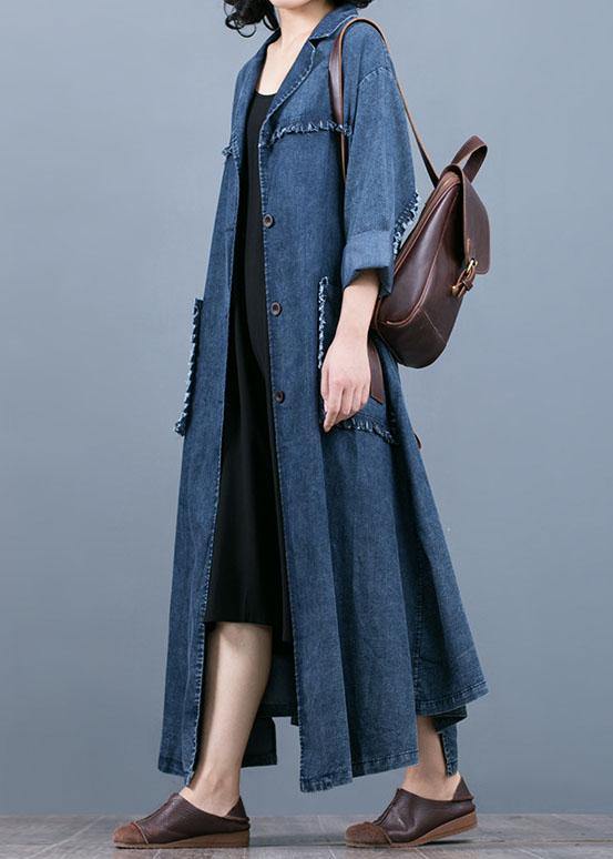 Luxury denim blue coat oversize fall coat Notched Large pockets Coats - SooLinen
