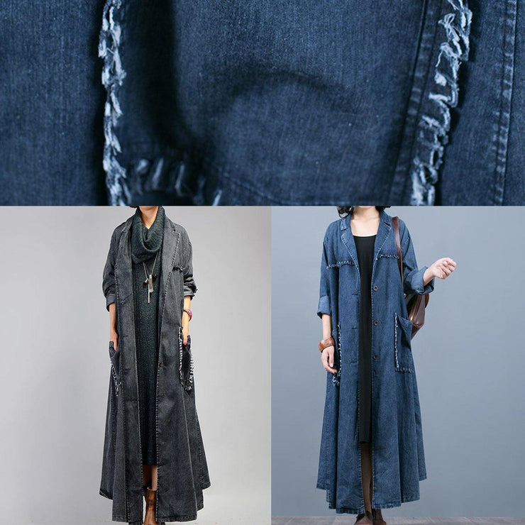Luxury denim blue coat oversize fall coat Notched Large pockets Coats ...