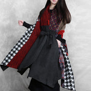 Luxury floral Woolen Coat Women Loose fitting v neck patchwork tie waist maxi coat - SooLinen