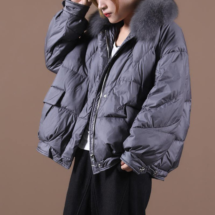 Luxury gray down jacket woman Loose fitting winter fur collar zippered hooded New Jackets - SooLinen