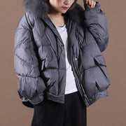 Luxury gray down jacket woman Loose fitting winter fur collar zippered hooded New Jackets - SooLinen