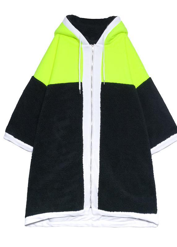 Luxury green fuzzy wool coat hooded patchwork coat - SooLinen