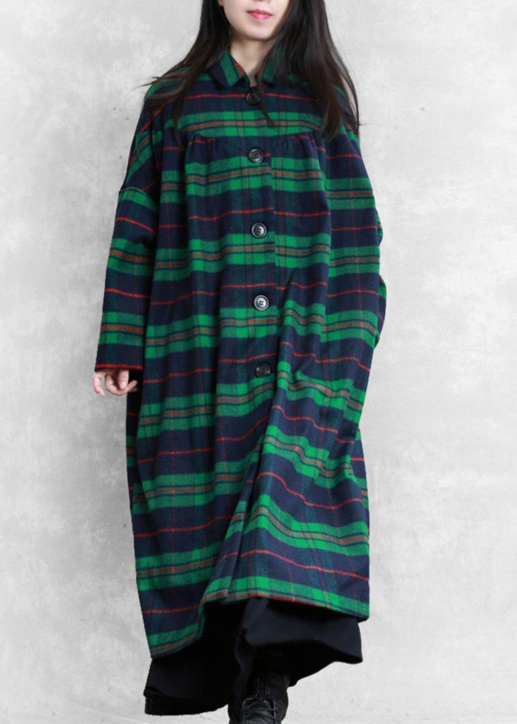 Luxury green plaid wool coat for woman casual Coats women Notched pockets coats - SooLinen