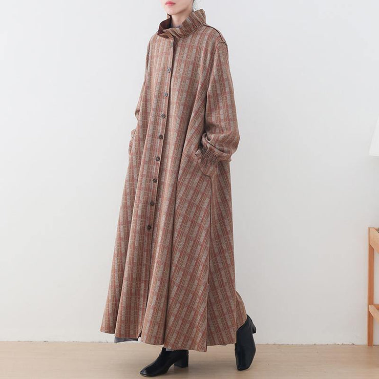 Luxury khaki plaid Woolen Coats plus size medium length jackets pockets Button Downwinter coat - SooLinen