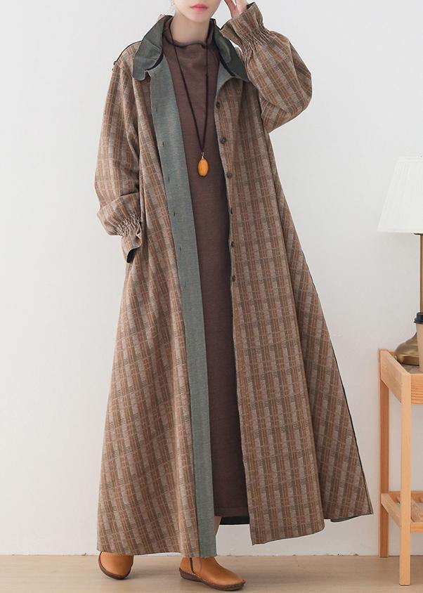 Luxury khaki plaid Woolen Coats plus size medium length jackets pockets Button Downwinter coat - SooLinen