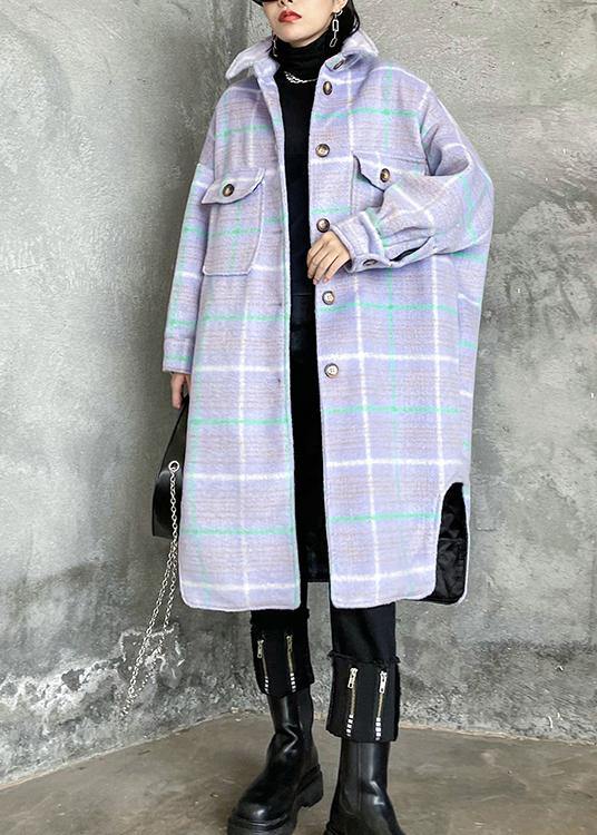 Luxury light blue plaid wool coat winter lapel asymmetric coats - SooLinen