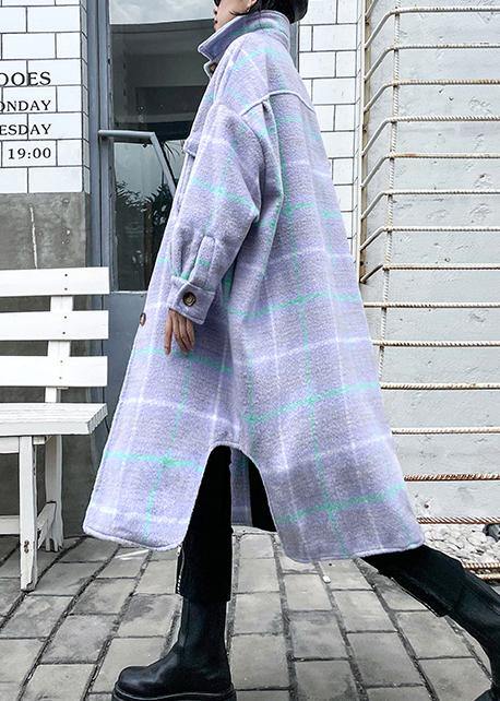 Luxury light blue plaid wool coat winter lapel asymmetric coats - SooLinen