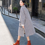Luxury navy striped maxi coat casual pockets side open Coats boutique Notched maxi coat