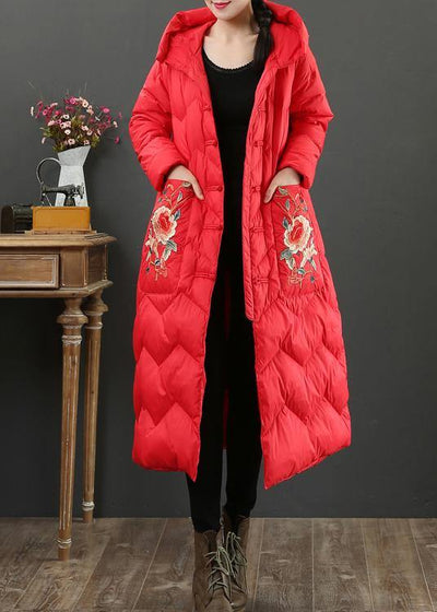 Luxury oversize down jacket coats red embroidery hooded warm winter coat - SooLinen