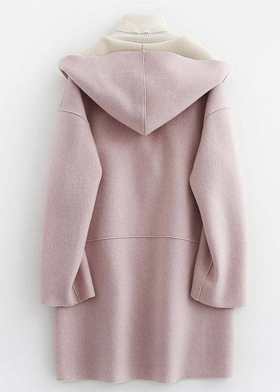 Luxury oversize winter coat hooded woolen outwear pink pockets wool coat - SooLinen