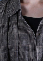 Luxury oversized long winter coat fall gray plaid drawstring coat - SooLinen