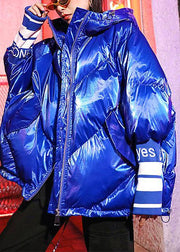 Luxury oversized winter jacket overcoat blue print hooded zippered winter parkas - SooLinen