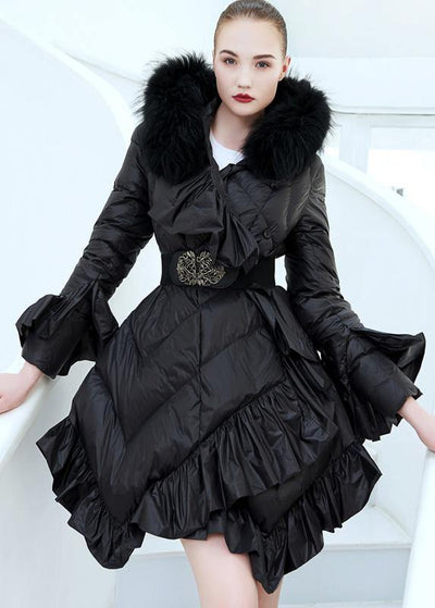 Luxury plus size clothing down jacket tie waist Jackets black ruffles hem warm winter coat - SooLinen