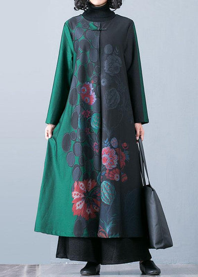 Luxury plus size maxi coat fall trench coats green prints o neck overcoat - SooLinen