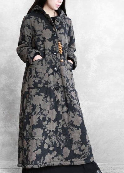 Luxury plus size snow coats black print hooded Button Down women parka - SooLinen
