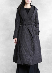 Luxury plus size womens parka coats black striped hooded tie waist down jacket woman - SooLinen
