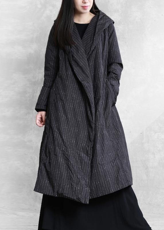 Luxury plus size womens parka coats black striped hooded tie waist down jacket woman - SooLinen
