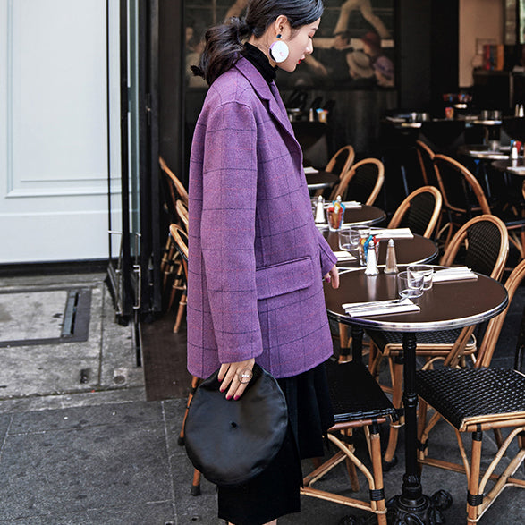 Luxus lila karierte Mäntel lässig gekerbter Wollmantel Neuer offener Mantel mit Taschen auf der Rückseite